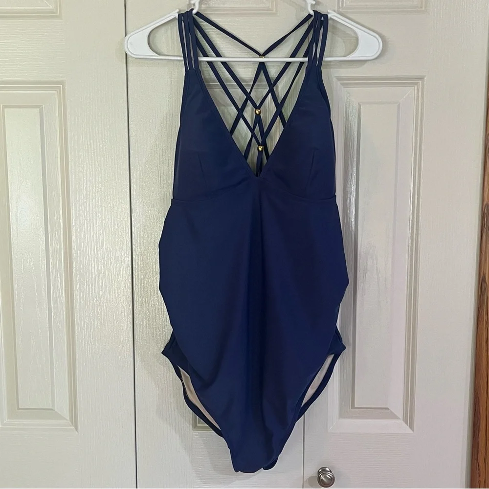 Maternity Liz Lange Deep Blue One-Piece Strappy Swimsuit Padded Size Medium